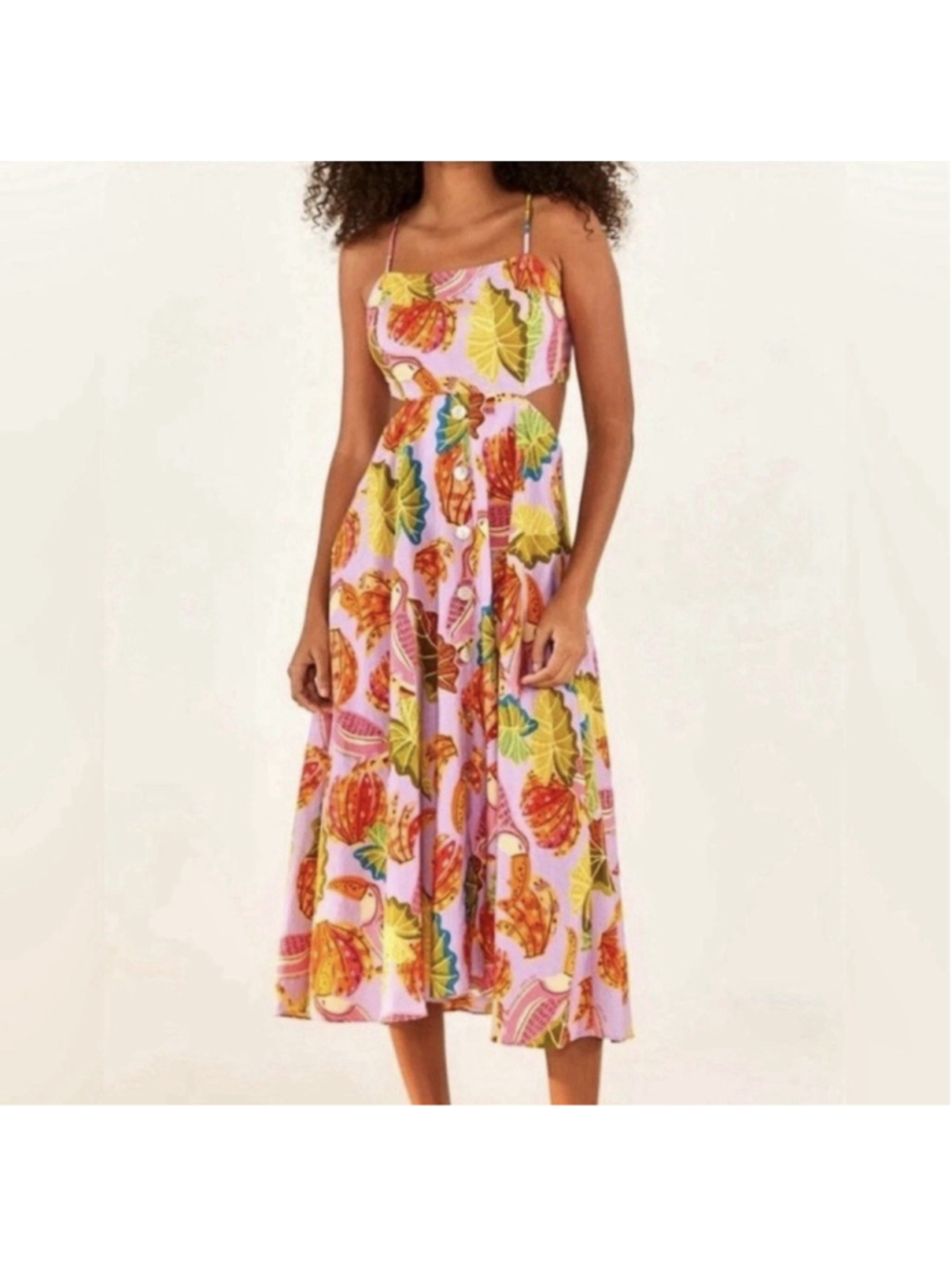 Farm Rio Pink Lilac Beaks & Bananas Cutout sides Tie back Midi Dress Size L